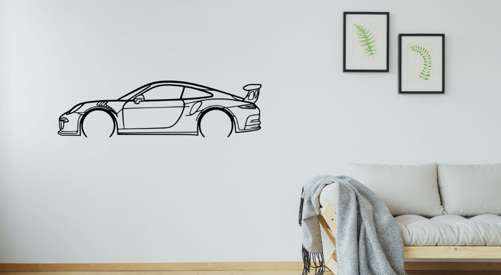 Naklejka na ścianę porsche 911 W1 bez tła na ścianie białej bok auta