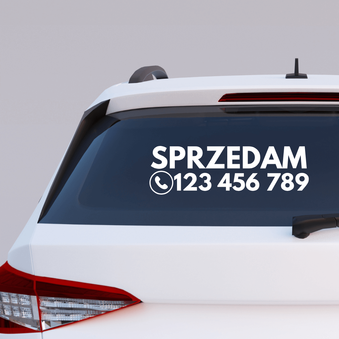 Naklejka na samochód Sprzedam + numer telefonu – bez tła, różne kolory - obrazek 2